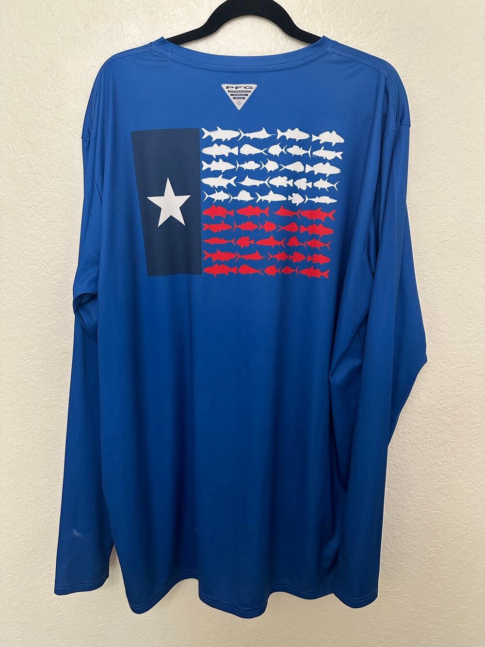 Columbia PFG Shirt Mens 2XT Blue Omni Shade Texas Fish Flag Long Sleeve